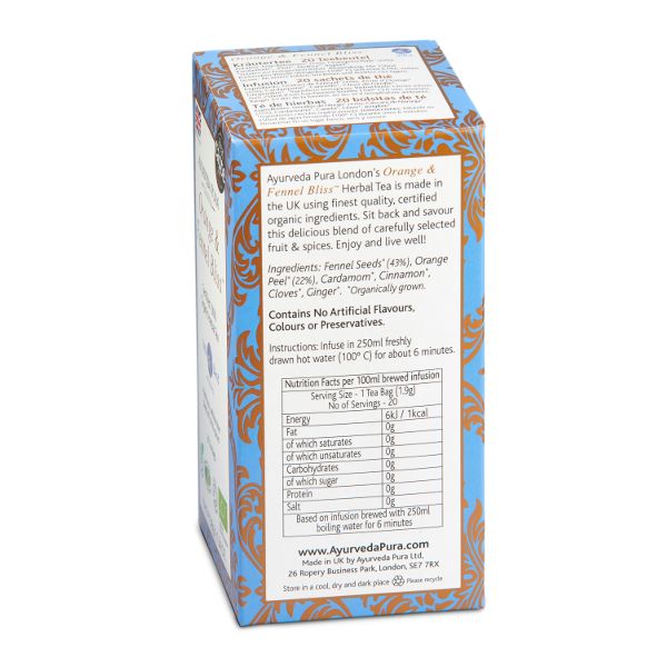 Orange & Fennel Bliss™ - 100% Certified Organic Herbal Tea - Vata Blend - Back of Box*